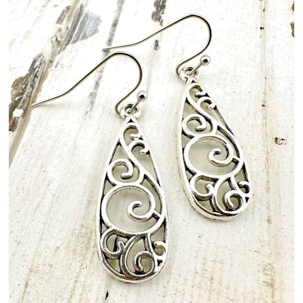 Silver Tone Filigree Swirl Teardrop Earrings